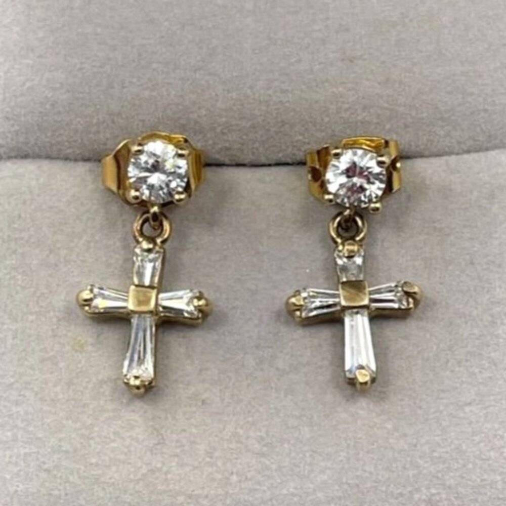 Gold Plated 925 Sterling Silver Cubic Zirconia Cross Drop Earrings - Picture 1 of 3